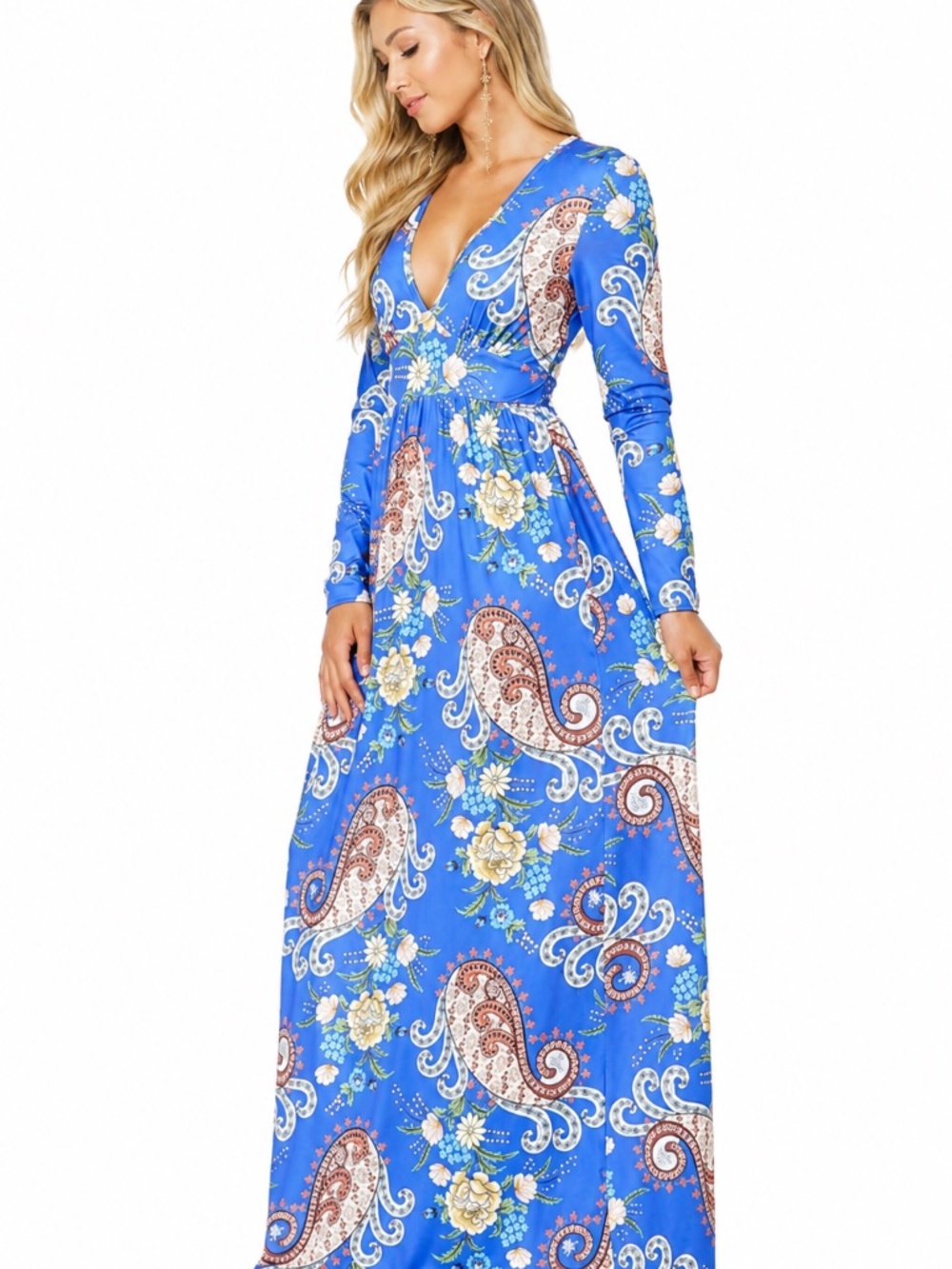 Maxi Dress Paisley Blue Floral V Neck Long SleeveSize M &L NWT